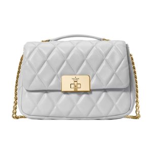 A quilted white handbag with a gold chain strap and a rectangular gold clasp featuring the brand name \“kate spade new york.\“
