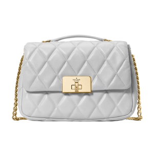 A quilted white handbag with a gold chain strap and a rectangular gold clasp featuring the brand name \“kate spade new york.\“