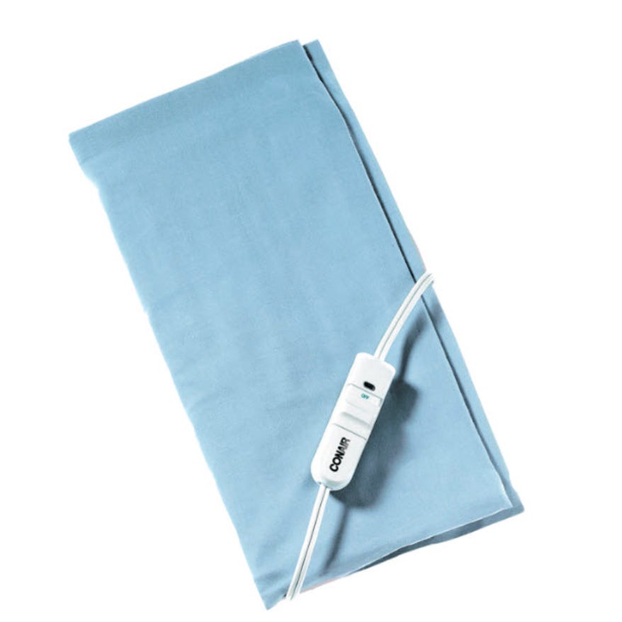 A blue electric heating pad with a white cord and control switch labeled \“CONAIR.\“