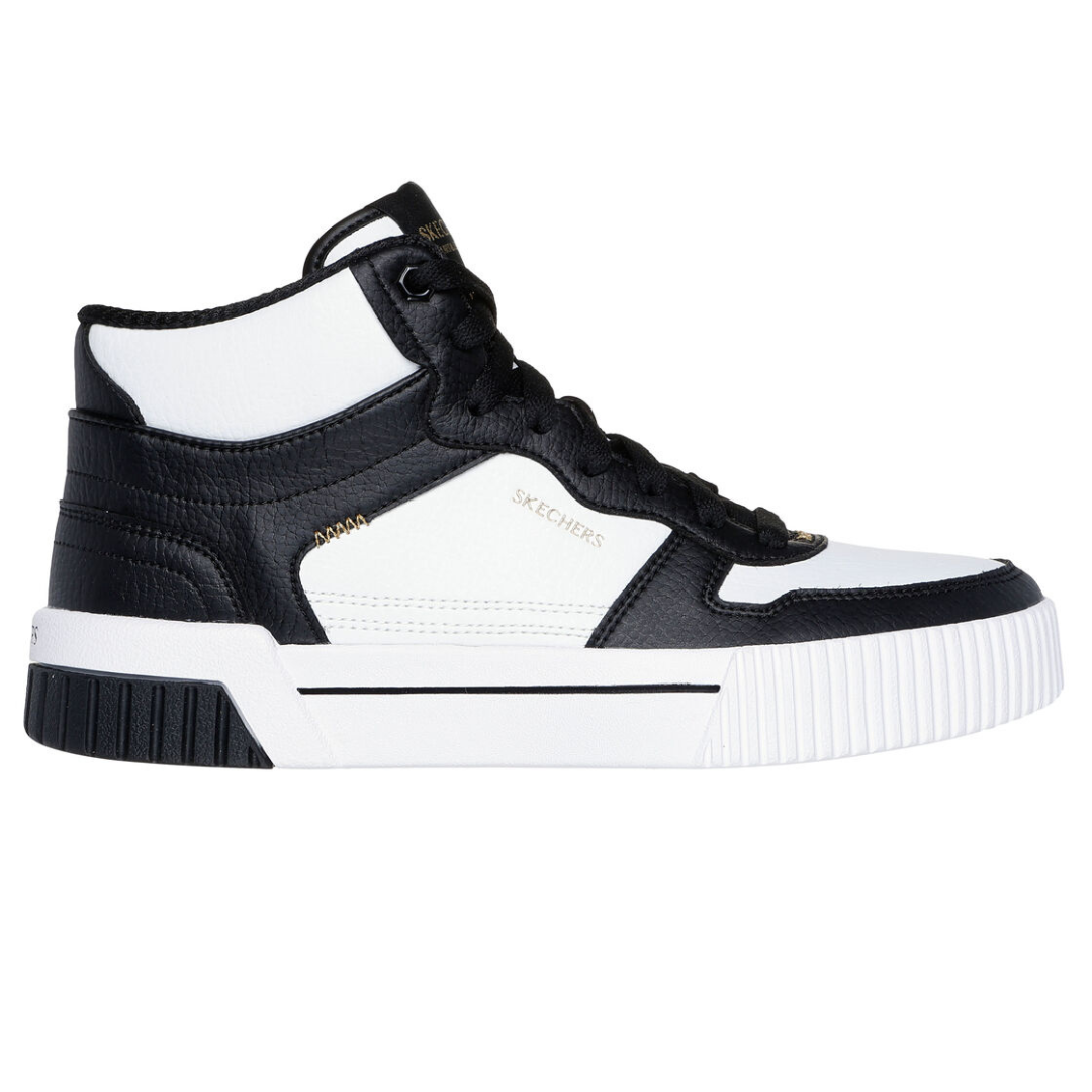 Skechers Jade High-Tops are black and white sneakers featuring a high-top design with a textured leather look, lace-up closure, and a thick, grooved white rubber sole. The brand name is subtly embossed on the side.