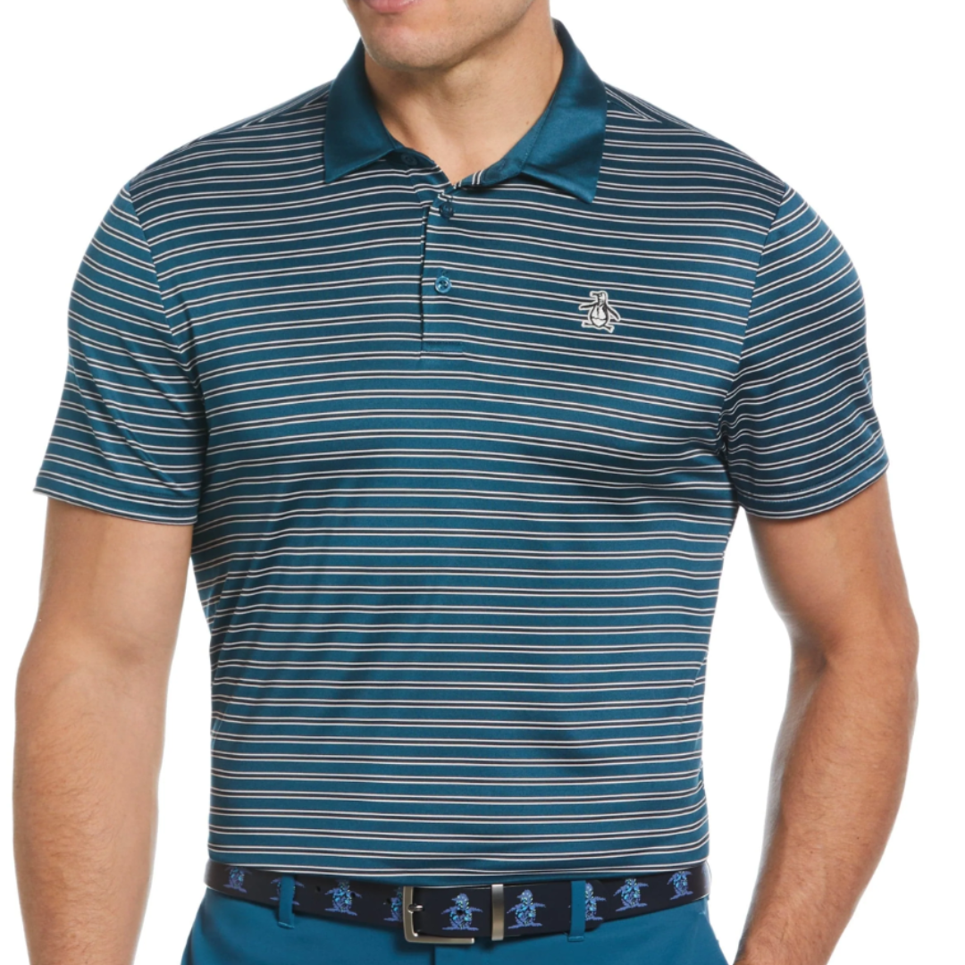 A man is wearing a short-sleeve, teal-striped polo shirt with a small iconic logo on the left chest, paired with a matching teal belt.