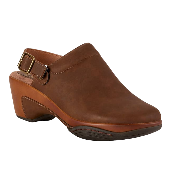 A pair of brown leather clogs featuring a buckle strap across the vamp, a slightly raised heel, and a contoured sole for added grip.
