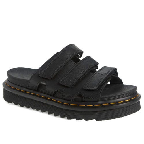 A black sandal with three adjustable straps, a thick sole, and yellow stitching detail.
