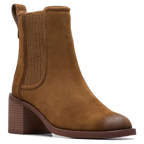 Brown suede Chelsea boot with a stacked heel and elastic side panels for easy slip-on access.