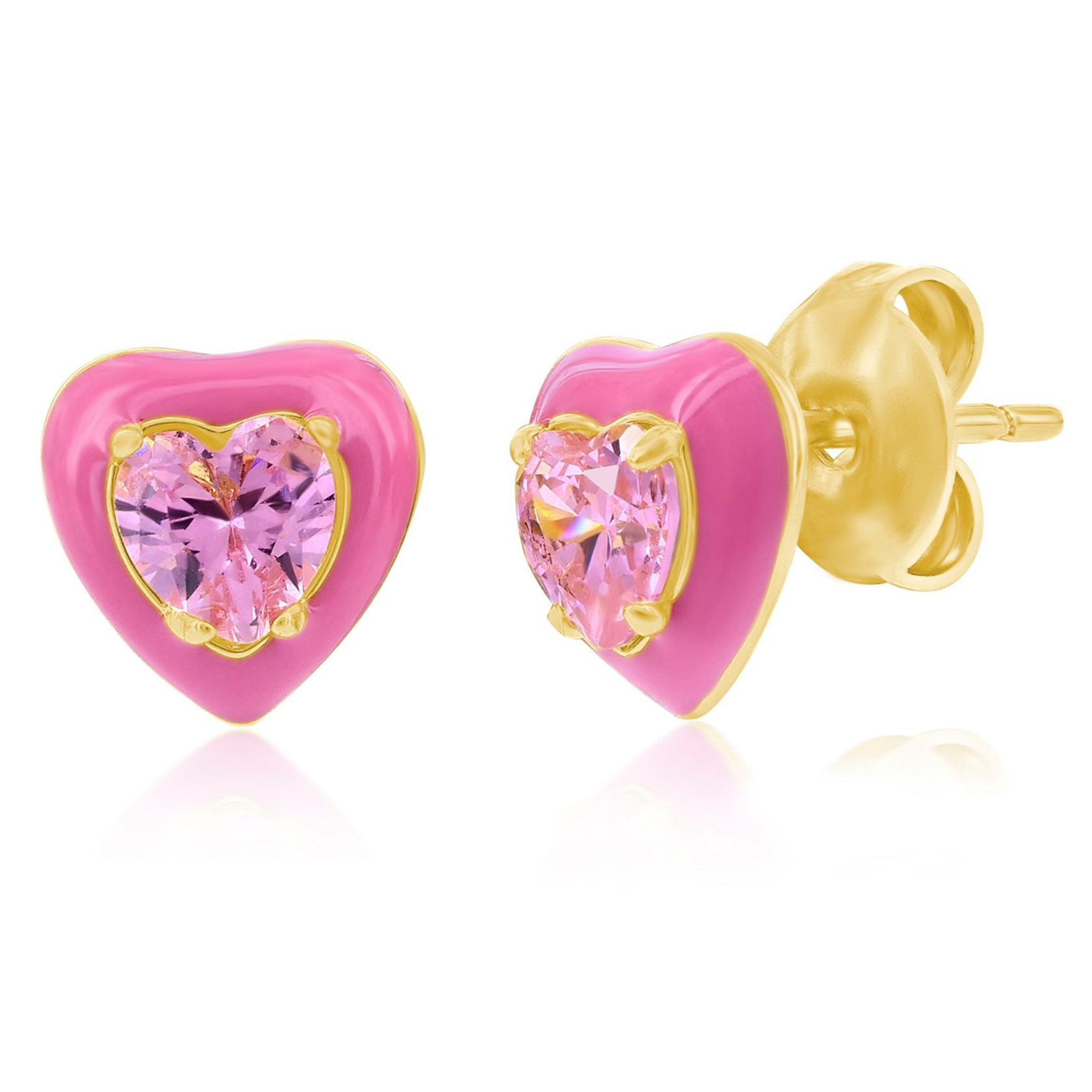 Heart-shaped earrings feature pink gemstones set in pink enamel with gold accents.