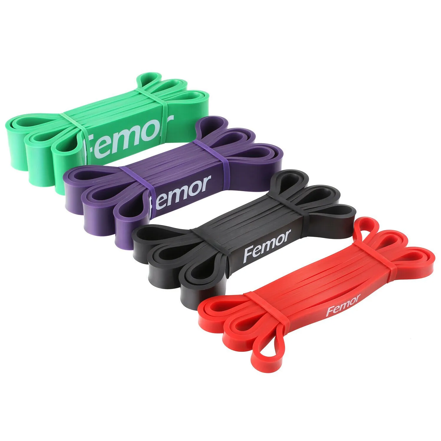 Three sets of resistance bands in green, purple, and red colors, with differing widths for varied resistance levels.