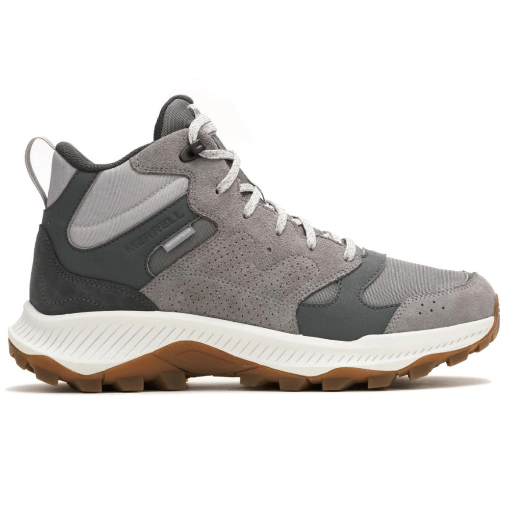 Gray and black mid-top hiking shoe with a rugged gum outsole, featuring a mesh and suede upper, lace-up design, and pull tab on the heel.