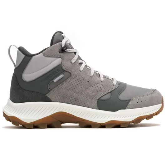 Gray and black mid-top hiking shoe with a rugged gum outsole, featuring a mesh and suede upper, lace-up design, and pull tab on the heel.