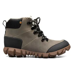 A rugged ankle-high boot with a brown and black design, featuring a padded collar, lace-up front, and textured sole for grip. It has a durable exterior with a fleece lining for warmth.