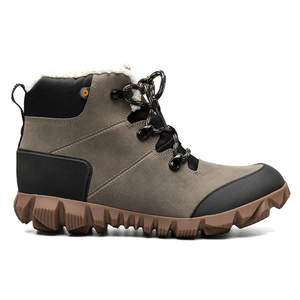 A rugged ankle-high boot with a brown and black design, featuring a padded collar, lace-up front, and textured sole for grip. It has a durable exterior with a fleece lining for warmth.