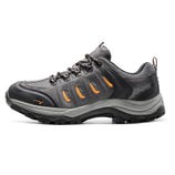 Gray hiking shoe with orange accents, mesh and synthetic upper, durable rubber outsole, and lace-up design.