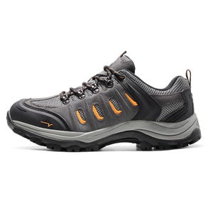 Gray hiking shoe with orange accents, mesh and synthetic upper, durable rubber outsole, and lace-up design.
