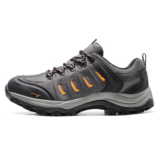 Gray hiking shoe with orange accents, mesh and synthetic upper, durable rubber outsole, and lace-up design.