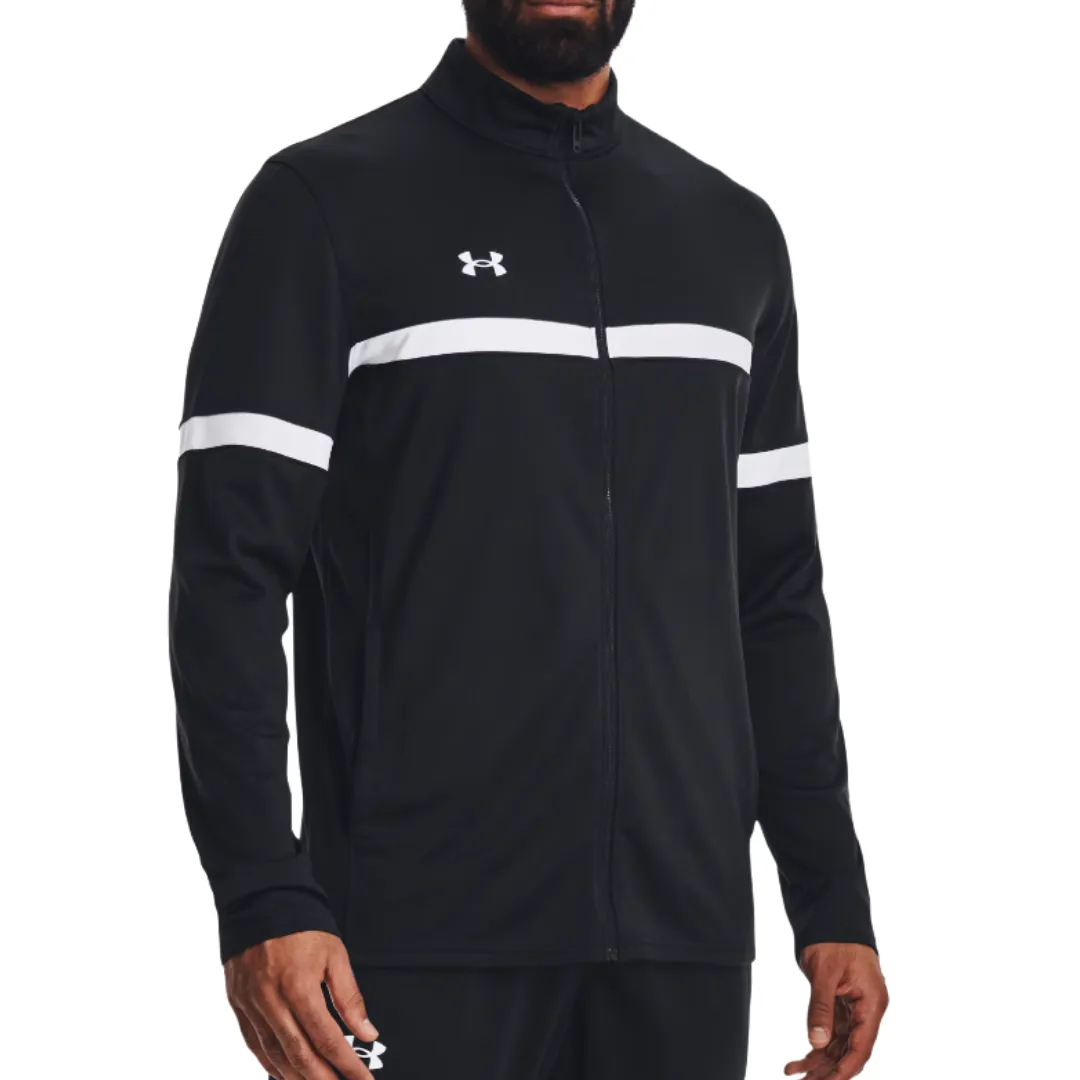 Black track jacket with a full zip and white horizontal stripes across the chest and arms; features a small Under Armour logo on the chest.
