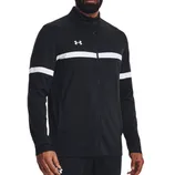 Black track jacket with a full zip and white horizontal stripes across the chest and arms; features a small Under Armour logo on the chest.