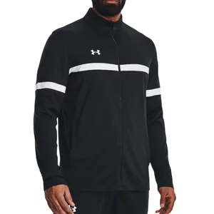 Black track jacket with a full zip and white horizontal stripes across the chest and arms; features a small Under Armour logo on the chest.