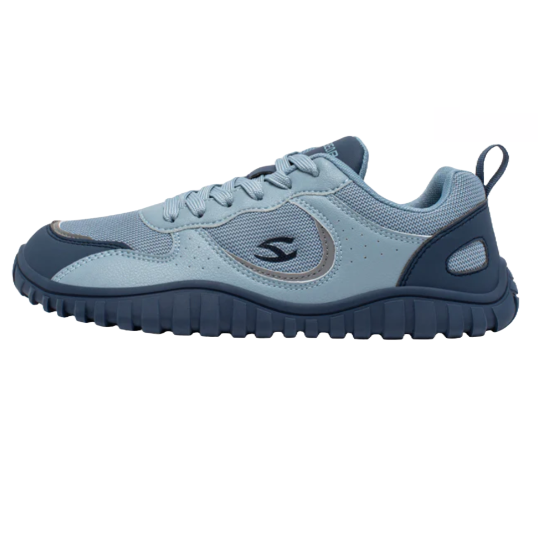 A light blue athletic shoe with a dark blue sole and accents, featuring a mesh upper, lace-up closure, and a branded logo on the side.
