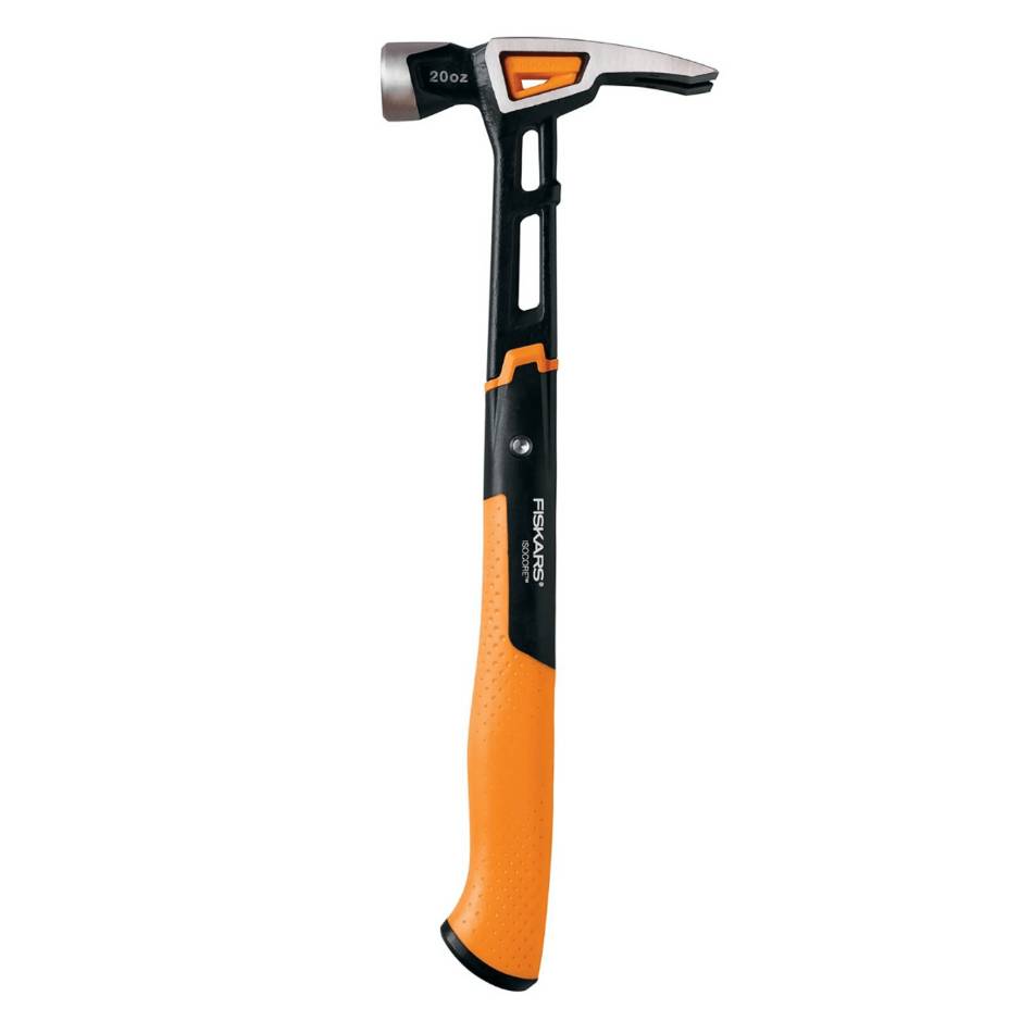 A Fiskars 20 oz hammer with an orange and black design features a durable handle with a non-slip grip and a contoured build for comfort and precision.