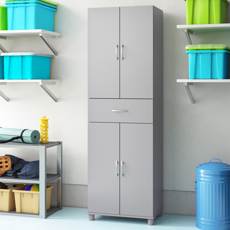 Gray garage storage cabinet with four doors and one central drawer, featuring sleek silver handles. It's positioned on short legs and surrounded by colorful storage bins and a small shelving unit.