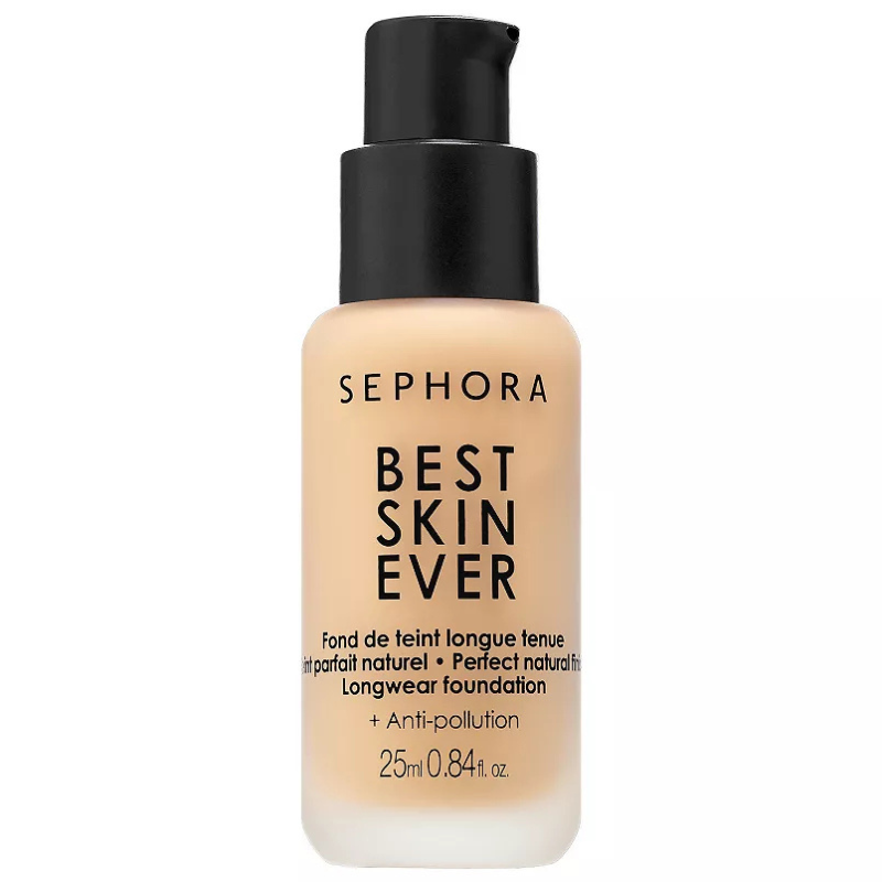Sephora Best Skin Ever Longwear Foundation, 25ml (0.84 fl. oz.), offers a perfect natural finish and includes anti-pollution benefits.