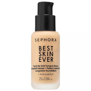 Sephora Best Skin Ever Longwear Foundation, 25ml (0.84 fl. oz.), offers a perfect natural finish and includes anti-pollution benefits.