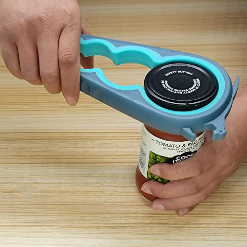 A jar opener tool is being used to open a jar with a black lid and a label indicating tomato and red pepper sauce. The opener has blue and gray handles.