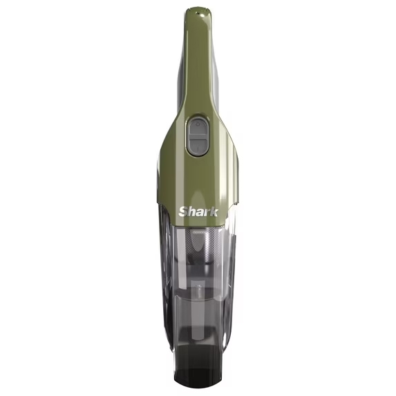 A handheld vacuum cleaner with an olive green finish, featuring the Shark logo, designed for quick clean-ups and portability.