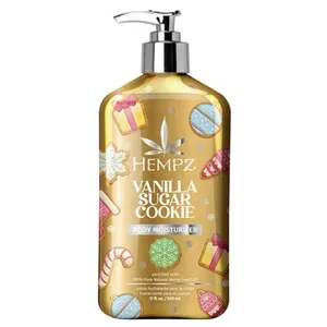 Hempz Vanilla Sugar Cookie Body Moisturizer, enriched with 100% pure natural hemp seed oil, features a festive design with cookies and gifts. Size: 17 fl oz (500 ml).