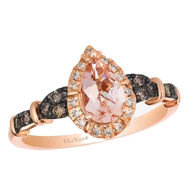 A rose gold ring featuring a pear-shaped morganite center stone, surrounded by a halo of white diamonds, and accented with chocolate diamonds on the band.