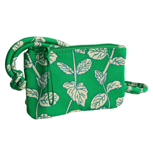 Green pouch with a leaf pattern and a knotted strap, featuring a zipper closure.