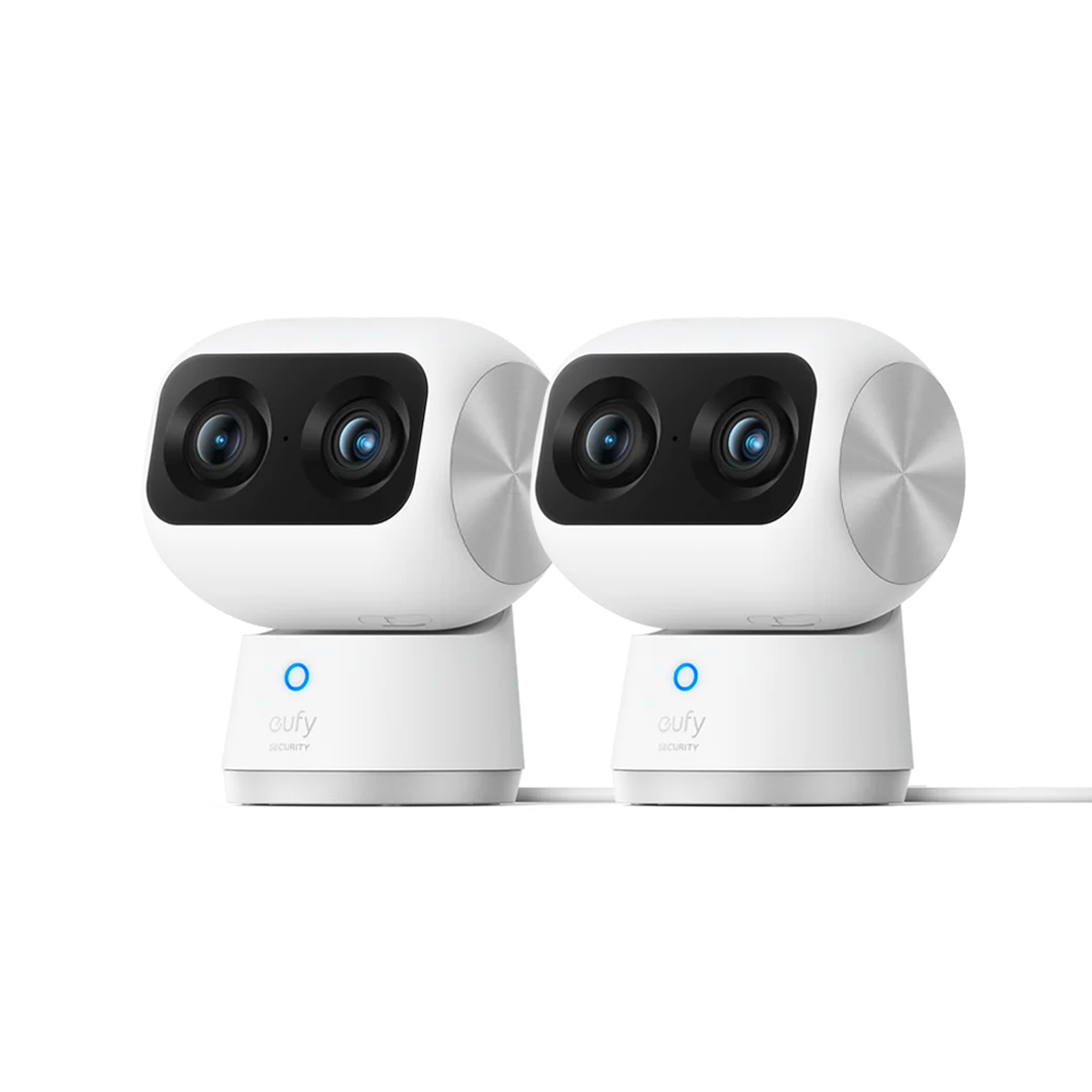 Two Eufy security cameras with dual lenses and a sleek white design, featuring a blue indicator light on the front.