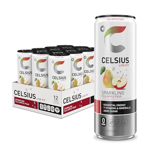 Celsius Live Fit Sparkling Fuji Apple Pear energy drink, featuring zero sugar and essential vitamins, displayed in a 12-pack box with individual 12 fl oz cans.