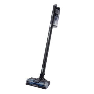 A Shark Cordless Pro IQ Vacuum with a slender, upright design featuring a black color scheme and a detachable handheld dust canister.