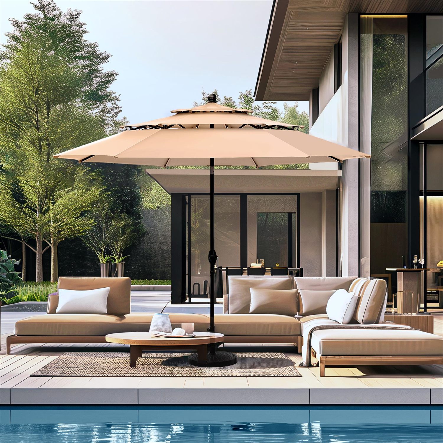 A patio with modern outdoor furniture including a large umbrella, lounging chairs, and a couch by a pool.
