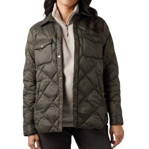 The 32 Degrees Shirt Jacket is an olive green, quilted jacket with snap buttons and two chest pockets. It's layered over a light-colored zip-up fleece, providing a stylish, warm outfit.