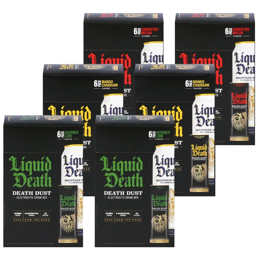 36pk Liquid Death Death Dust Electrolyte Drink Mix includes flavors: Convicted Melon, Mango Chainsaw, and Severed Lime. Each box contains 6 packets of 3 flavors, totaling 18 servings per package.