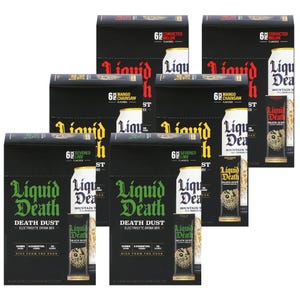 36pk Liquid Death Death Dust Electrolyte Drink Mix includes flavors: Convicted Melon, Mango Chainsaw, and Severed Lime. Each box contains 6 packets of 3 flavors, totaling 18 servings per package.