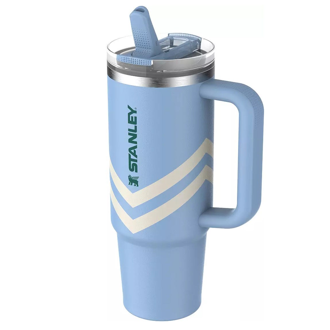 Blue Stanley tumbler with a handle, featuring a straw and dual chevron design.