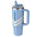 Blue Stanley tumbler with a handle, featuring a straw and dual chevron design.