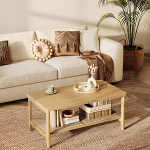 A beige sofa with decorative pillows, a wooden coffee table, woven baskets, and a potted plant.