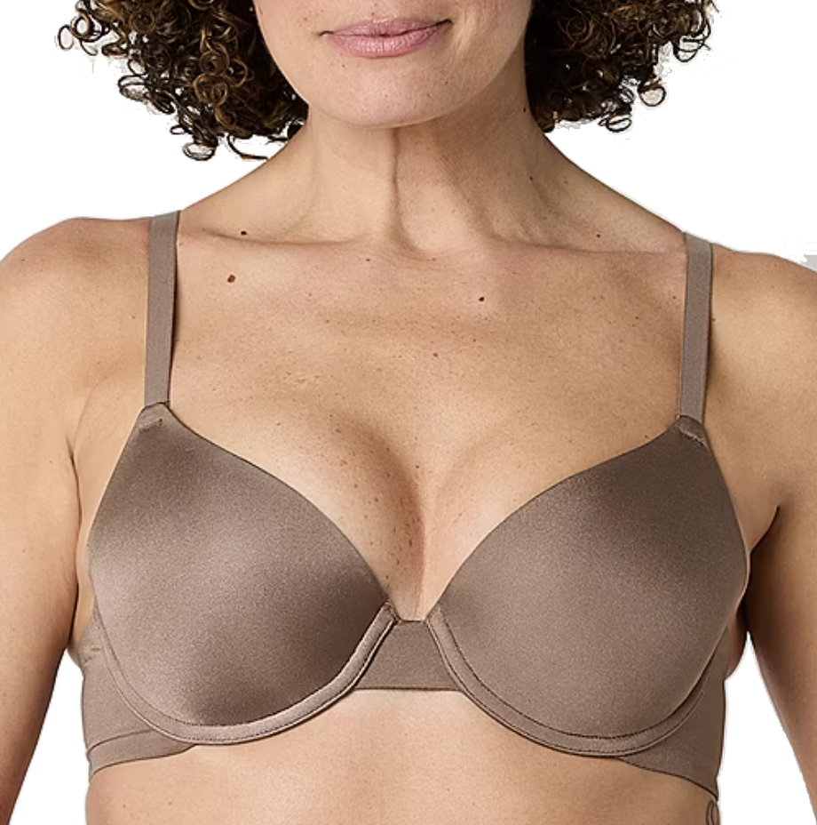 A brown underwire bra with adjustable straps is shown, featuring a smooth, seamless finish for a comfortable fit.