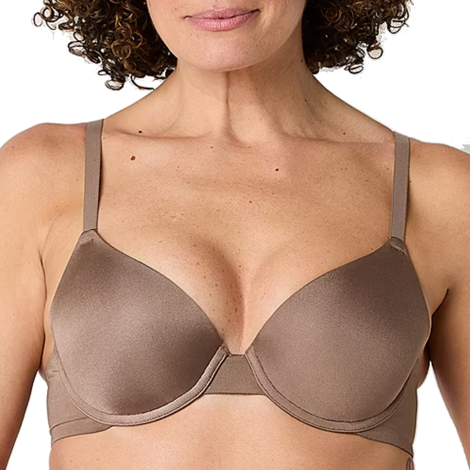 A brown underwire bra with adjustable straps is shown, featuring a smooth, seamless finish for a comfortable fit.