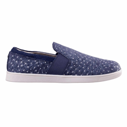 A blue slip-on shoe with a white dotted pattern and white sole features elastic side panels for easy wearing.