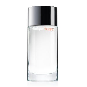 Clinique Happy for Men cologne, featuring a clear glass bottle with a silver cap and orange branding.
