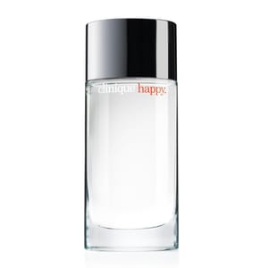 Clinique Happy for Men cologne, featuring a clear glass bottle with a silver cap and orange branding.