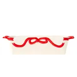White ceramic baking dish with red ribbon design, featuring two handles.