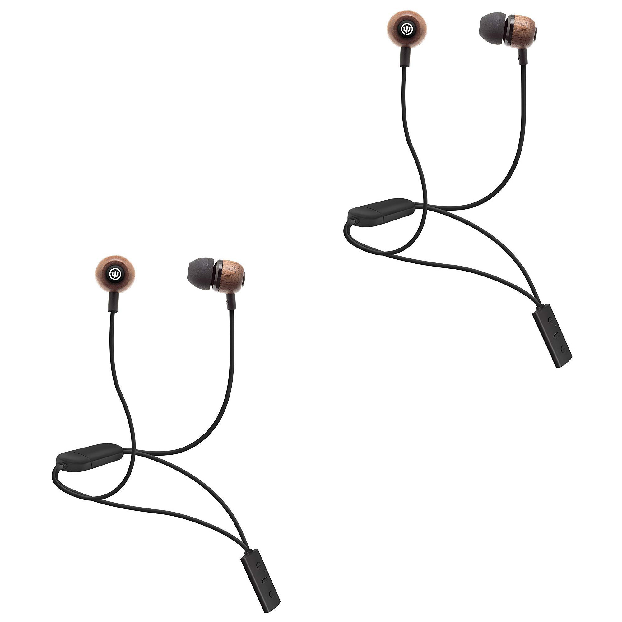 Two pairs of wireless in-ear headphones with black cords and in-line controls.