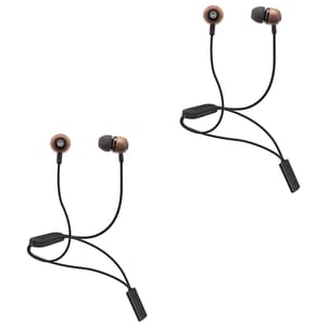 Two pairs of wireless in-ear headphones with black cords and in-line controls.