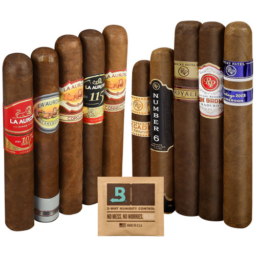 A collection of ten cigars from La Aurora and Rocky Patel brands, featuring different wrappers and labels, alongside a Boveda two-way humidity control pack.