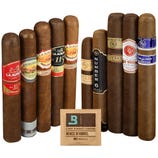 A collection of ten cigars from La Aurora and Rocky Patel brands, featuring different wrappers and labels, alongside a Boveda two-way humidity control pack.